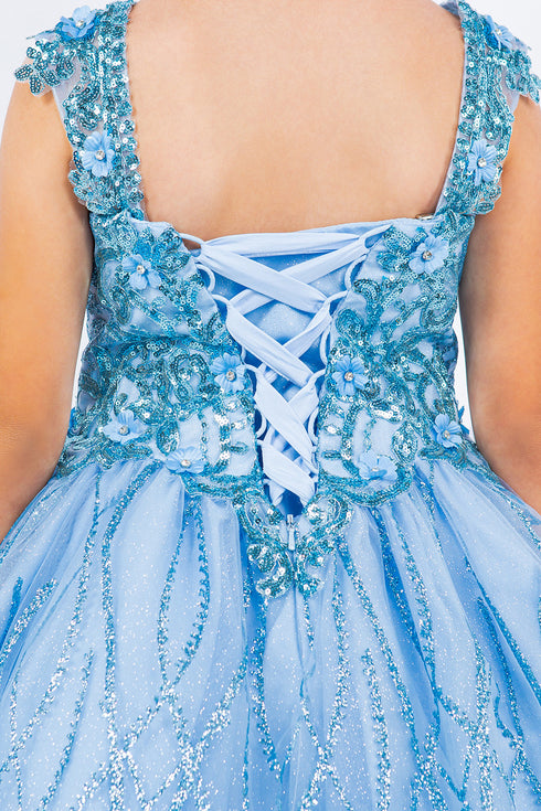 Girls Blue Embroidered Lace Applique Long Strapless Sheer Corset Ombre Flower Girl Dress 2-16